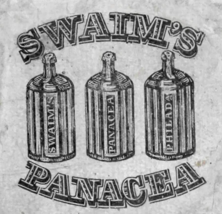 1828年のスウェイン社製万能薬(パナセア)のボトルの広告